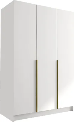 A white wardrobe with three doors and gold handles.