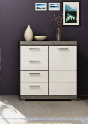 Produktbild von Kommode "Shawn" weiß Hochglanz und Rauchsilber grau Sideboard 80 x 85 cm