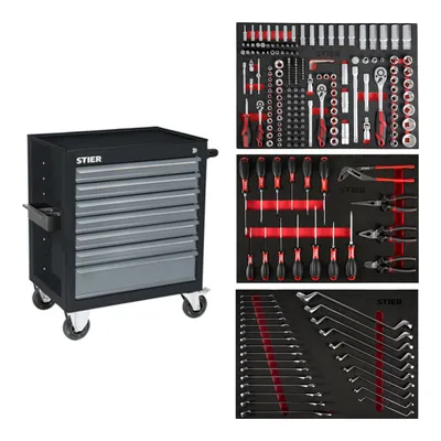 Produktbild von STIER Werkstattwagen Black, bestückt 223-teilig, Werkzeuge in Weichschaumeinlage (EVA), Tragkraft 300kg, 7 Schubladen