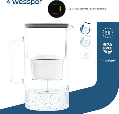 Produktbild von Wessper Wasserfilterkanne aus Glas 3 L mit Manuelle Filterverschleißanzeige, Kompatibel mit Brita Maxtra, Maxtra +, | + Kartusche