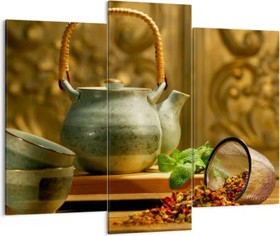 Produktbild von Bild auf Leinwand - Leinwandbild - Tee Kräuter Tassen Tradition - 130x100cm - Wand Bild - Wanddeko - Leinwanddruck - Bilder - Kunstdruck - Wanddekoration - Leinwand bilder - Wandkunst - CB130x100-2628