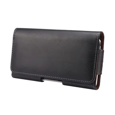 A black leather phone holster with a belt loop on the back, shown against a white background.
