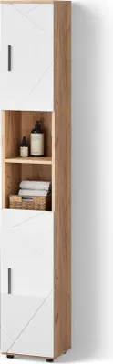 Image de Meuble salle de bain Livinity Ronco Blanc brillant/Chêne doré 30x192cm avec portes, et compartiments ouverts, Model 52825