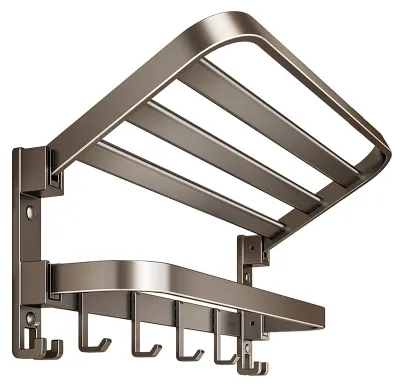 Produktbild von Faltbarer, wandmontierter Handtuchhalter aus Aluminium mit Haken, mattschwarze Oberfläche, langlebig und rostbeständig, Badezimmer-Aufbewahrungsregal A