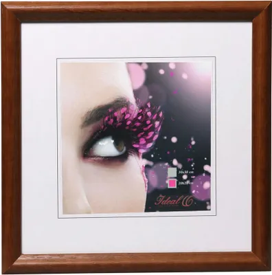 A framed picture of a woman's eye with dramatic makeup and pink feather eyelashes.