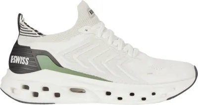 A single white K-Swiss sneaker is shown from the side against a white background.