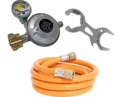 Produktbild von 3-teiliges Set für Gasgrill & Camping – Druckregler 50mbar inkl. Gasschlauch und Gasflaschenschlüssel