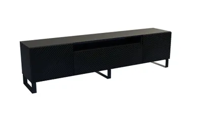 A black TV cabinet with a textured front and a central open shelf, shown on a white background.