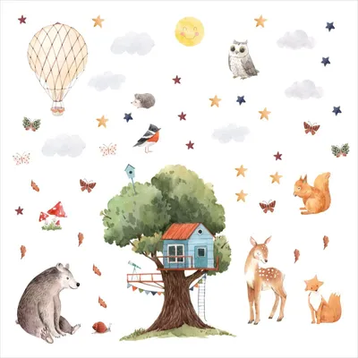 Produktbild von 235 Wandtattoo Baumhaus mit Waldtieren Aquarell - Größe 750 x 420 mm