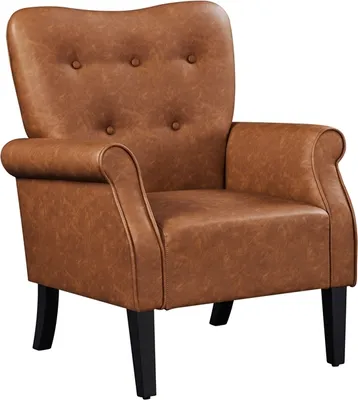 A brown armchair with black legs is shown against a white background.
