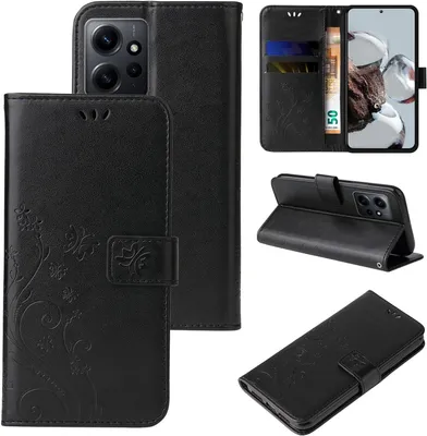 Produktbild von Handyhülle für Xiaomi Redmi Note 12 Floral Blumen Schmetterling Flip Cover Hülle Case Klapphülle Handytasche Farbe: Schwarz