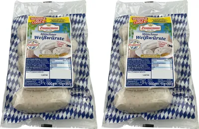Produktbild von Food-United Weißwürste mit süßen Senf 2x351g als Set, Münchner-Weißwürste aus Bayern von ZIMMERMANN Fleischwerke, Brühwürste passend für Brotzeit und Bier, mit Petersilie Muskatblüte Zitronennote
