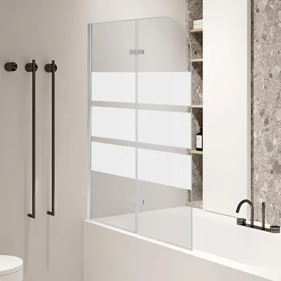 Immagine prodotto di Pannello doccia ISOISL per vasca da bagno, 100x140 cm, divisorio doccia pieghevole in vetro, 6 mm, con strisce di sicurezza in vetro temperato, per vasca da bagno, accessorio per cabina doccia, con striscia bianca