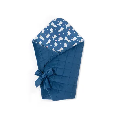 Produktbild von Baby Einschlagdecke 70x70 cm – Baumwolle Hasen dunkelblau & gestepptes Velvet dunkelblau, antiallergisch, zum Binden, hergestellt in der EU