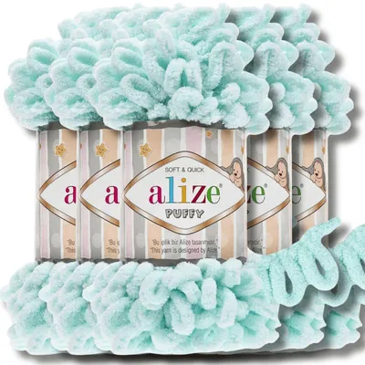 Productafbeelding van Alize 5x 100g Puffy garen, effen kleur, geschikt voor haken en breien (Kleur: Zeegroen - 15)