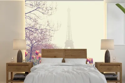 Produktbild von MuchoWow® Fototapete für Wohnzimmer oder Schlafzimmer Wandtapete Vinyl Motivtapete Eiffelturm - Paris - Blumen - 280x280 cm - Hintergrundbild