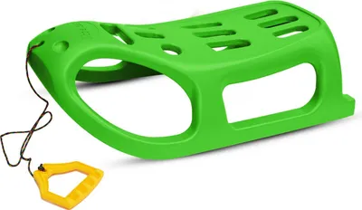 A green sled with a yellow pull handle and rope, isolated on a white background.