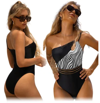 Produktbild von Schwarzer und weißer Zebra-Badeanzug für Damen, figurformend, Schulterpartie, Größe XL