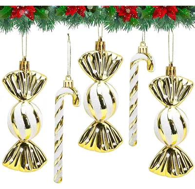 Productafbeelding van Kerstdecoratie: Suikerstokjes en ballen, 18 stuks, goud en wit, 12 cm en 14 cm