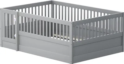 Obrázek produktu pro okwish Dětská postel Podlahová postel Jednolůžkové dřevěné lůžko 140 x 200 cm, Dřevěný rám s mřížkou a dveřmi, Šedá bez matrace