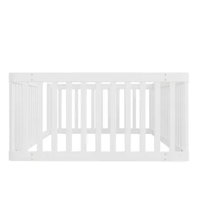 Produktbild von Merax Kinderbett 90x200cm, Holzbettgestell mit Zaun, Minimalismus Bodenbett, aus Kiefernholz, stabil, Jugendbett für Kinderzimmer, Wohnzimmer, Weiß