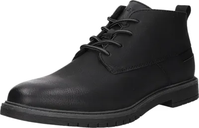 A black leather boot on a white background.