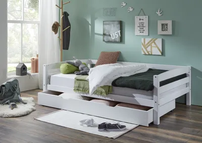 Produktbild von Relita Einzelbett Nora mit Bettkasten in Buche massiv, ohne Lattenrost, weiß lackiert, Liegefläche 120x200 cm, Bettkasten 90x190 cm; EB2691117-B120+KB1591117