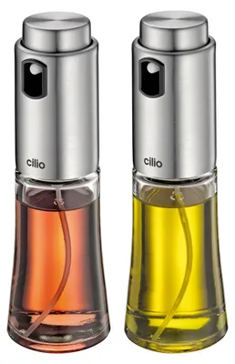 Productafbeelding van cilio Menage Set BARI | 2-delige set met standaard | Set van azijn- en olieflessen | elk 80 ml | met pompdispenser | van glas en roestvrij staal