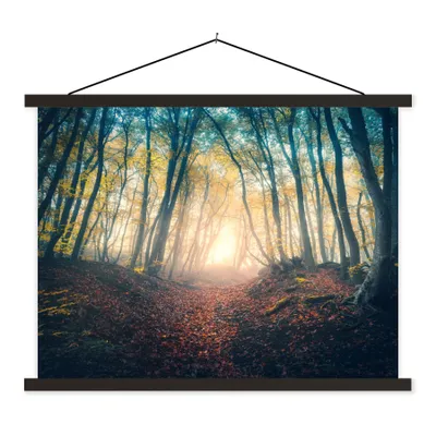 Produktbild von MuchoWow® Textilposter Wald - Nebel - Sonne - Herbst 40x30 cm mit schwarzem Rahmen - Dekorationen
