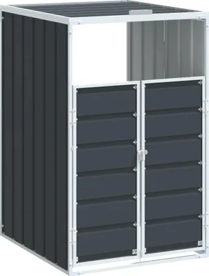 A dark gray metal trash can enclosure with a white frame, shown from a three-quarter front angle.