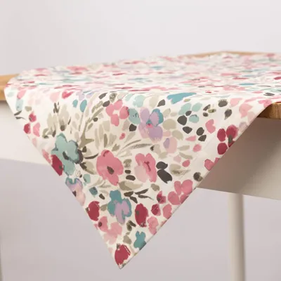 Produktbild von Tischdecke Baumwolle Aquarell Blüten weiß rosa blau Größe 130x260cm