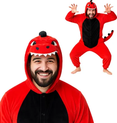 Produktbild von Pyjama Onesie Kigurumi Kostüm für Erwachsene Rot Dinosaurier XXL: 185-195cm