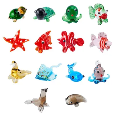 14 handgeblasene Glasfiguren, Seebewohner, bunte Deko