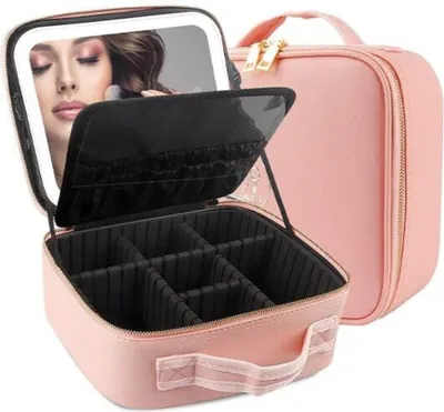 Obrázok produktu pre Cestovná kozmetická taštička so zipsom a zrkadielkom s LED svetlom - USB dobíjací organizér na líčenie na cesty - GLAMANIA Pink