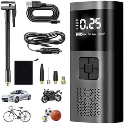 Immagine prodotto di Compressore per pneumatici elettrico con batteria da 6000 mAh e connettore a 12V – Compressore compatto con display digitale, arresto automatico e 4 adattatori per auto, moto, bicicletta e palloncini