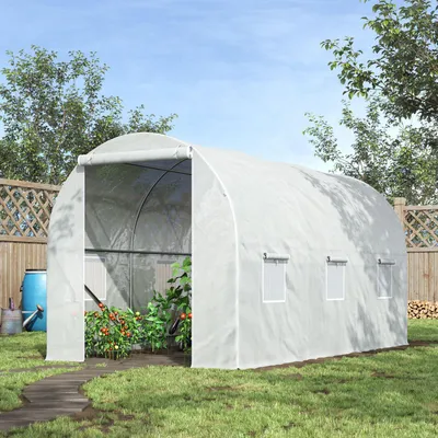 Produktbild von Foliengewächshaus Tomatenhaus, Tunnel-Gewächshaus begehbar, verzinkter Stahlrahmen, Weiß | Erdanker | 6 Netzfenster | 350x200x200 cm