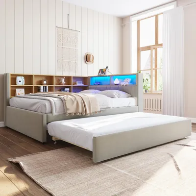 Image de Canapé-lit 140x200 cm, avec éclairage LED, avec port USB, avec espace de rangement, avec des étagères, de couleur gris foncé