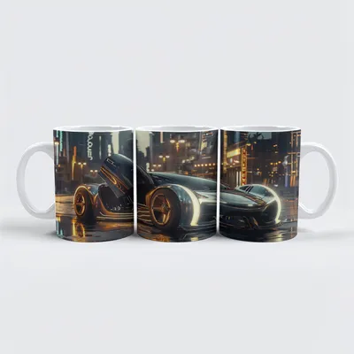 Produktbild von raxxa Premium-Tasse "Futuristisches Luxusauto in Neonstadt"