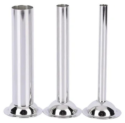 Three stainless steel sausage stuffing tubes of different sizes are arranged side-by-side against a white background.