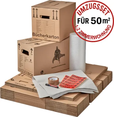 Produktbild von Umzugskomplettpaket 1 bis 2 Zimmer-Wohnung 50 m² (20 Kartons 1xFolie 1kg Papier 1x Klebeband 10x Etiketten 1x Permanentmarker) SET Umzugsset BB-Verpackungen