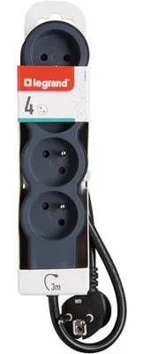 Image de Multiprise 4 Prises Standard 3m Noire Multiprise 4 Prises 2p+t, Câble 3m, 1.5mm2, Noire - Legrand