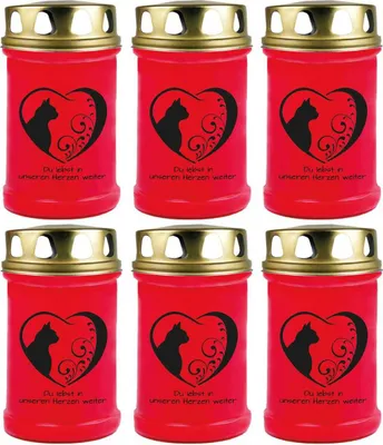 Image de Bougie funéraire - Pack de 6 - Rouge 48h ( couvercle or ) - coeur noir