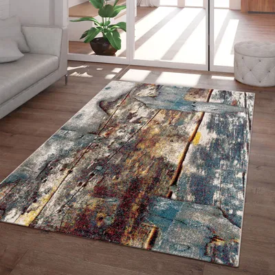 Produktbild von TT Home Moderner Teppich Wohnzimmer Kunstvoll Holzplatten Design Meliert Gelb Blau weiß Größe 120x170 cm