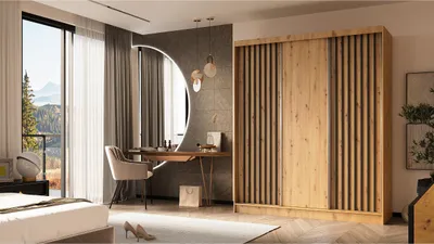 Zdjęcie produktu dla Szafa z lamelami LINEA 180 cm Dąb artisan szafa przesuwna z czarnymi lamelami na froncie Gładka trzydrzwiowa szafa z lamelami Szafa na ubrania z szufladami i lamelami