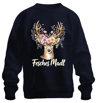 Imagen del producto de Chica con estilo, ciervo, flores, cuernos, traje tradicional, pantalones de cuero, Alpes, sudadera, jersey, azul marino, talla L