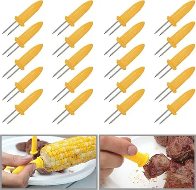 A collage showing multiple yellow corn holders and two close-up shots of the corn holders being used to hold corn on the cob and meat.