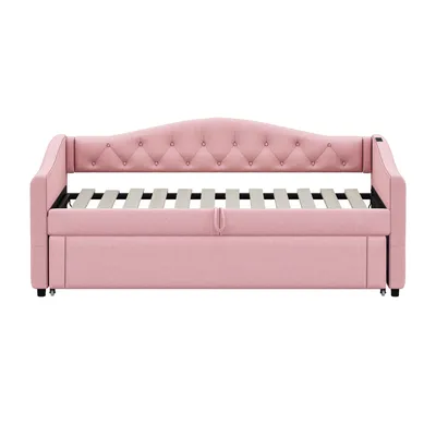 Produktbild von Flieks Polsterbett 90x200cm mit Ausziehbett 90x190cm, Tagesbett Daybed Funktionsbett mit Lattenrost, Jugendbett mit USB, Holzbett Leinen, Rosa