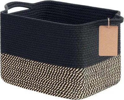 Produktbild von Famanu Aufbewahrungskorb aus geflochtenem Baumwollseil – Jute und Schwarz – Organizer für Bad, Wohnzimmer und Kinderzimmer – 33 × 25 × 22,5 cm