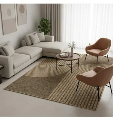 Produktbild von Flachgewebter Indoor-/Outdoor-Teppich mit modernem, abgerundetem Grafikmuster, strapazierfähig und leicht zu reinigen. 80 x 250 cm Natue
