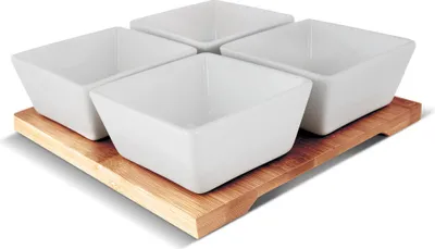 Obrázok produktu pre LAMART LT9018 Porcelánová sada, obsahuje 4x misku, drevený podnos, drevo, porcelán, farba biela, hnedá, 19 x 19 cm